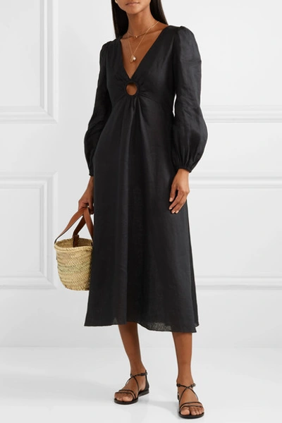 Shop Zimmermann Wayfarer Cutout Linen Midi Dress In Black