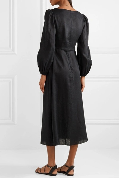 Shop Zimmermann Wayfarer Cutout Linen Midi Dress In Black