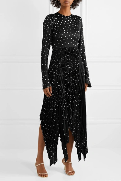 Shop Khaite Greta Asymmetric Pleated Polka-dot Satin Midi Dress In Black