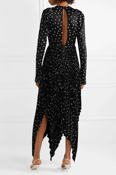 Shop Khaite Greta Asymmetric Pleated Polka-dot Satin Midi Dress In Black
