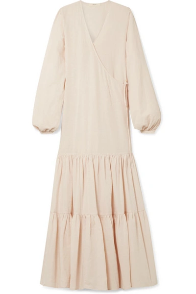 Shop Matin Tiered Cotton And Linen-blend Voile Wrap Maxi Dress In Beige