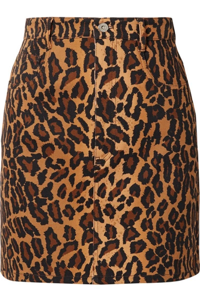Shop Miu Miu Appliquéd Leopard-print Denim Mini Skirt In Brown