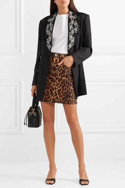 Shop Miu Miu Appliquéd Leopard-print Denim Mini Skirt In Brown