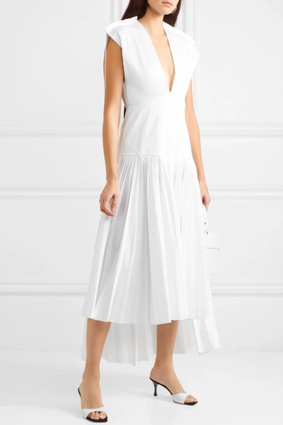 Shop Khaite Theodora Pleated Velvet-trimmed Cotton-poplin Midi Dress In White