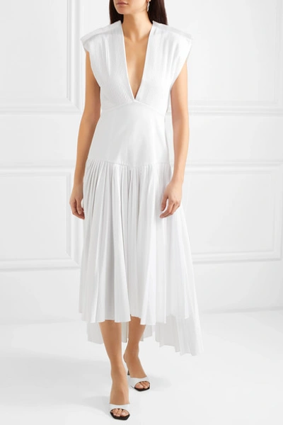 Shop Khaite Theodora Pleated Velvet-trimmed Cotton-poplin Midi Dress In White