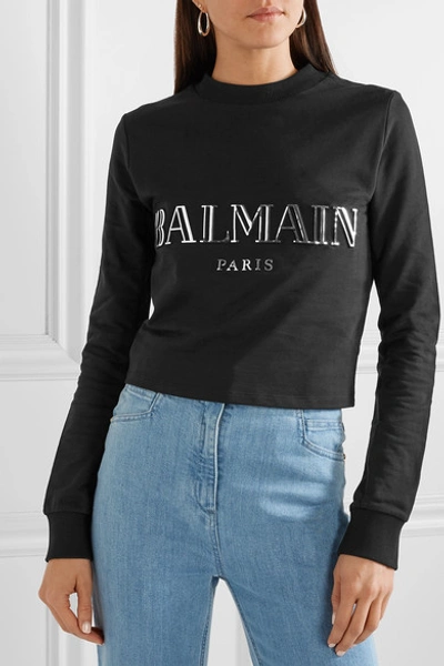 Shop Balmain Cropped Appliquéd Cotton-jersey Sweatshirt In Black