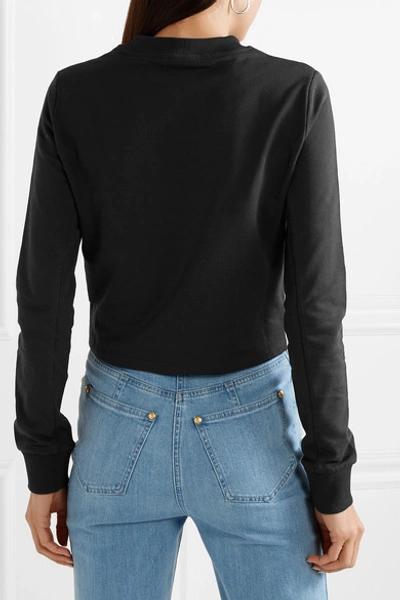 Shop Balmain Cropped Appliquéd Cotton-jersey Sweatshirt In Black