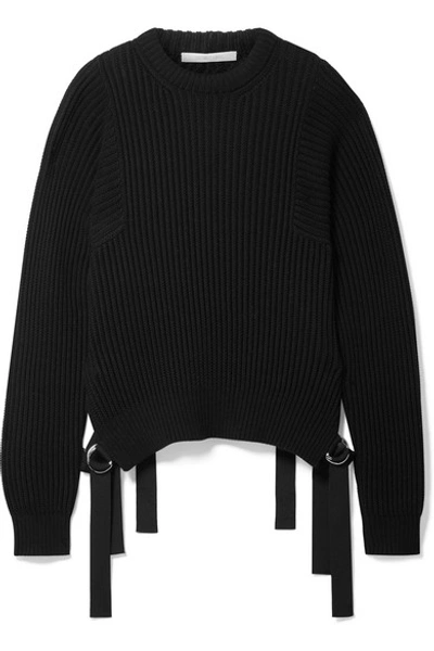 Shop Helmut Lang Grosgrain-trimmed Ribbed Cotton Sweater In Black