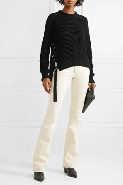 Shop Helmut Lang Grosgrain-trimmed Ribbed Cotton Sweater In Black