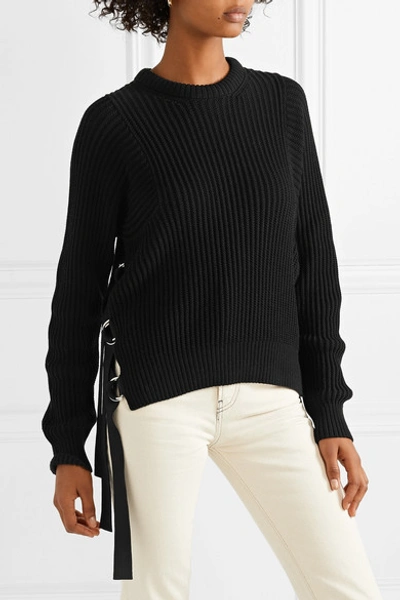 Shop Helmut Lang Grosgrain-trimmed Ribbed Cotton Sweater In Black