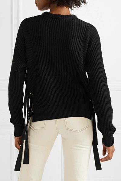 Shop Helmut Lang Grosgrain-trimmed Ribbed Cotton Sweater In Black