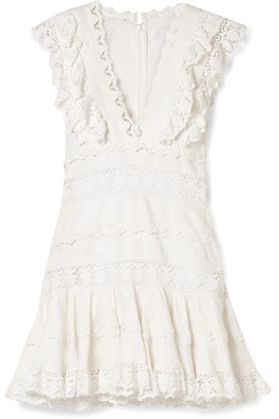 Shop Zimmermann Wayfarer Ruffled Crochet-trimmed Linen Mini Dress In White