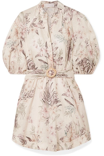 Zimmermann Wayfarer Belted Floral-print Linen Mini Dress In Cream ...