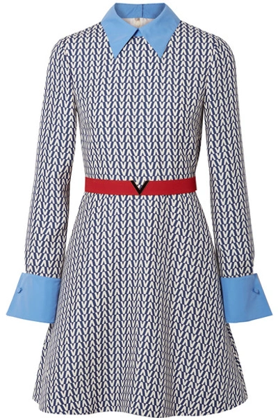 Shop Valentino Belted Poplin-trimmed Printed Wool And Silk-blend Mini Dress In Blue