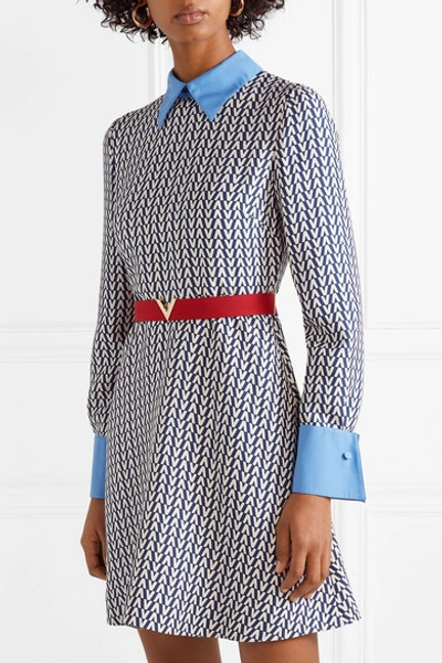 Shop Valentino Belted Poplin-trimmed Printed Wool And Silk-blend Mini Dress In Blue