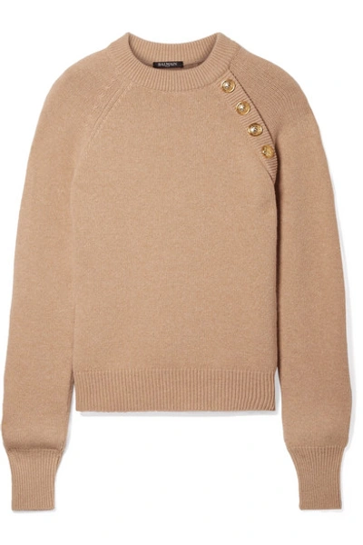 Shop Balmain Button-embellished Wool And Cashmere-blend Sweater In Beige