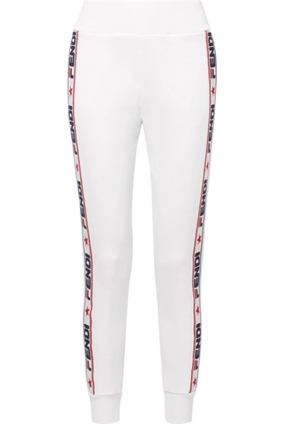 Shop Fendi Appliquéd Cotton-blend Jersey Track Pants In White