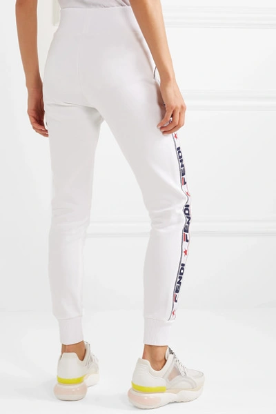 Shop Fendi Appliquéd Cotton-blend Jersey Track Pants In White