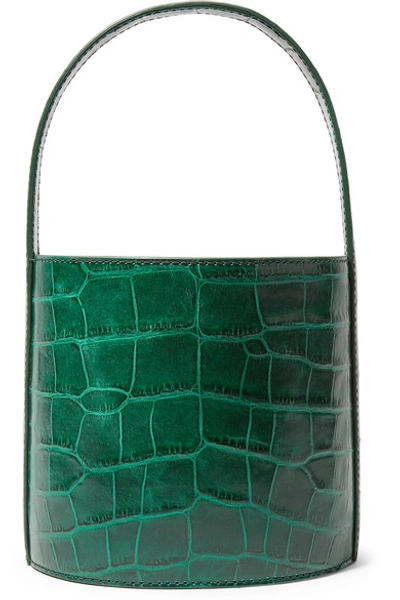 Shop Staud Bissett Croc-effect Leather Bucket Bag In Dark Green