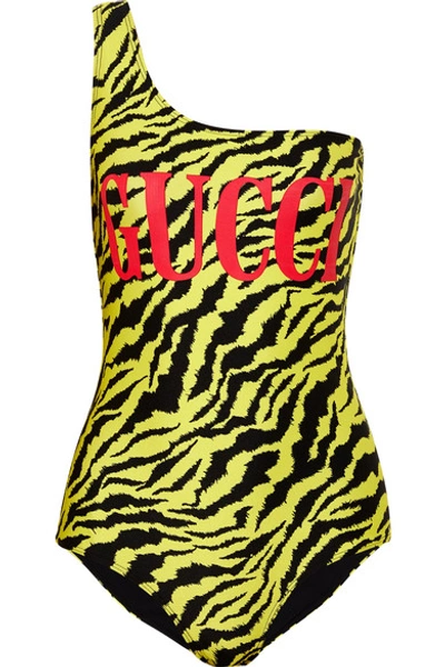 Shop Gucci One-shoulder Printed Bodysuit In Yellow