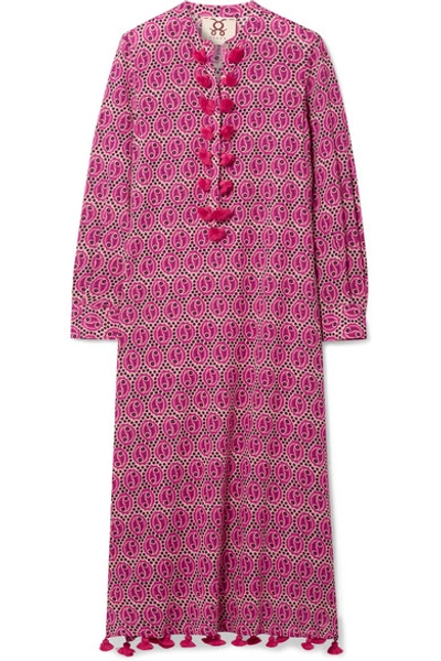 Shop Figue Paolina Tasseled Printed Voile Midi Dress In Pink