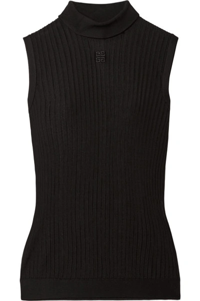 Shop Givenchy Embroidered Ribbed-knit Turtleneck Top In Black
