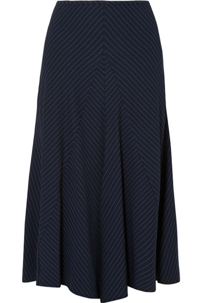 Shop Chloé Asymmetric Pinstriped Woven Midi Skirt In Navy