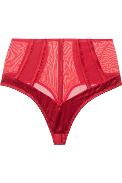 Shop Kiki De Montparnasse Expose Stretch-silk Satin And Tulle Thong In Red