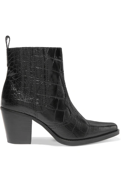 Shop Ganni Croc-effect Leather Ankle Boots In Black