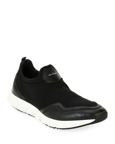 Shop Ferragamo Men's Neoprene %26 Leather Trainer Sneakers In Black