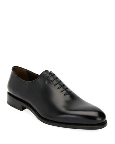 Shop Ferragamo Men's Angiolo Tramezza Whole-cut Leather Lace-up Shoes In Black