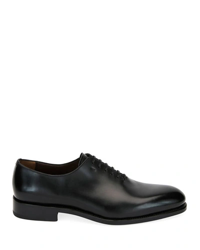 Shop Ferragamo Men's Angiolo Tramezza Whole-cut Leather Lace-up Shoes In Black