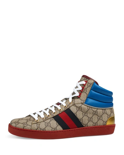 Shop Gucci Men's Ace Gg High-top Sneakers In Brown
