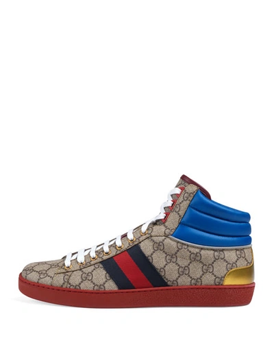 Shop Gucci Men's Ace Gg High-top Sneakers In Brown