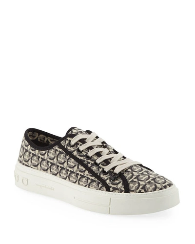 Shop Ferragamo Men's Anson Gancini-print Canvas Low-top Sneakers In Beige