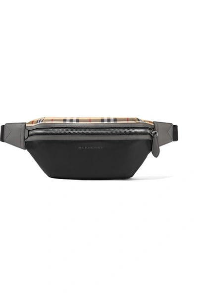 Shop Burberry Leather-trimmed Checked Shell Belt Bag In Black