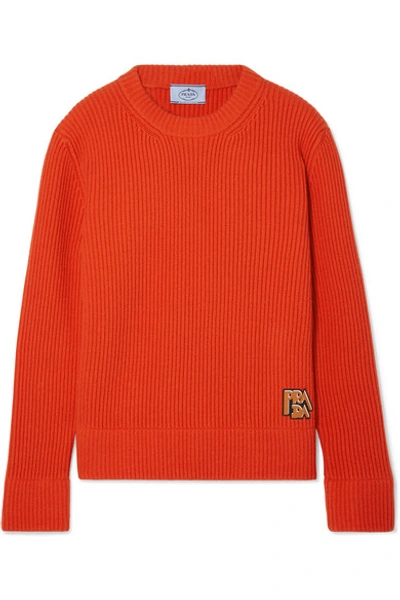 Shop Prada Appliquéd Ribbed Wool And Cashmere-blend Sweater In Orange