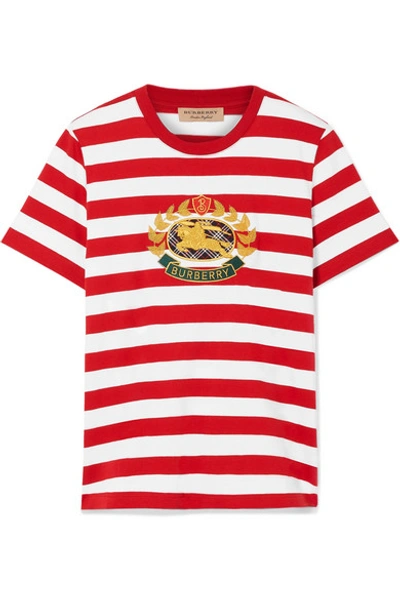 Shop Burberry Appliquéd Striped Cotton-jersey T-shirt In Red