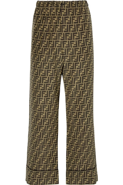 Shop Fendi Cropped Printed Silk-satin Wide-leg Pants In Brown