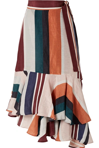 Shop Apiece Apart Rosita Striped Linen And Silk-blend Wrap Skirt In Orange