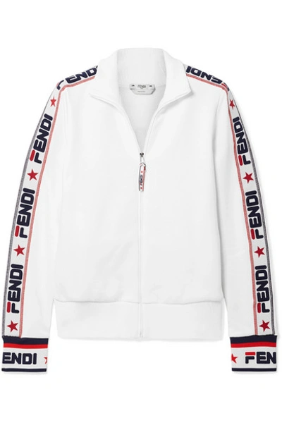 Shop Fendi Embroidered Cotton-blend Jersey Track Jacket In White