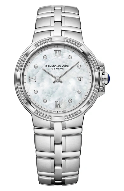 Shop Raymond Weil Parsifal Diamond Bracelet Watch, 30mm In Silver/ Mop/ Silver