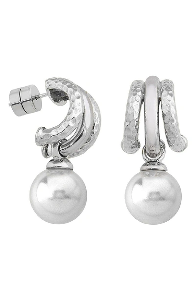 Shop Majorica Hammered Metal Simulated Pearl Earrings In White/ Steel