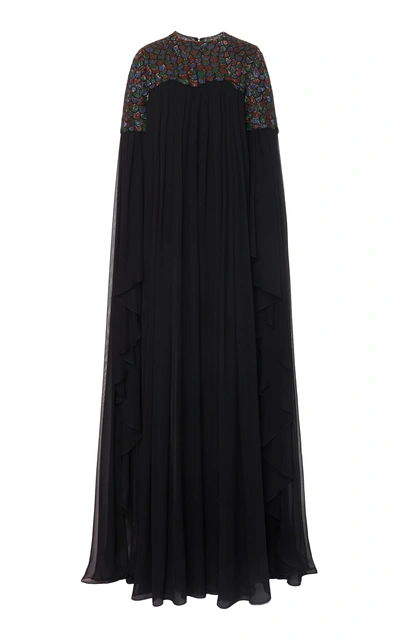 Shop Carolina Herrera Yoke Embellished Silk Cape Gown In Black