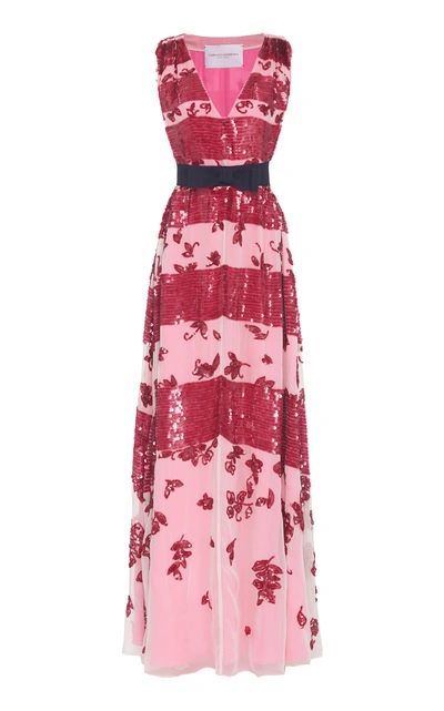Shop Carolina Herrera Belted Embellished Stripe Silk Gown In Pink