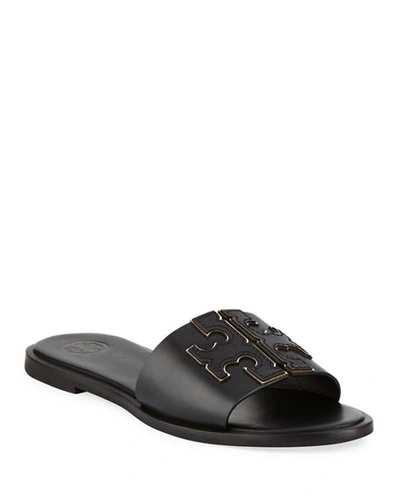 Shop Tory Burch Ines Leather Slide Sandals In Black/silver