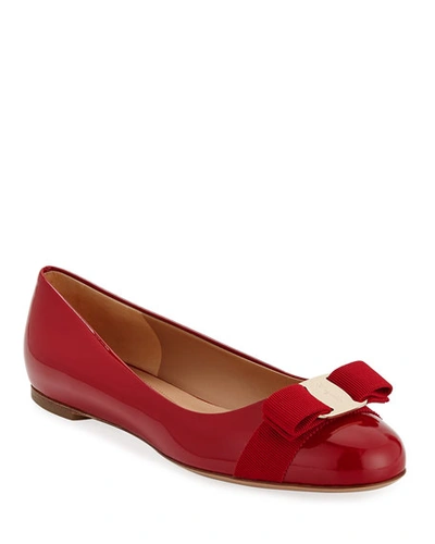 Shop Ferragamo Varina Patent Leather Bow Ballerina Flats In Red