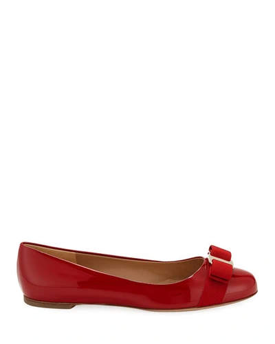 Shop Ferragamo Varina Patent Leather Bow Ballerina Flats In Red