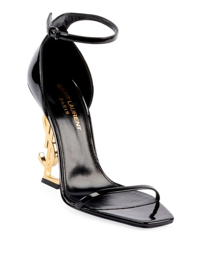 Shop Saint Laurent Opyum Ysl Logo-heel Sandals With Golden Hardware In Black