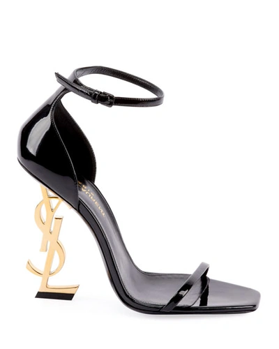 Shop Saint Laurent Opyum Ysl Logo-heel Sandals With Golden Hardware In Black